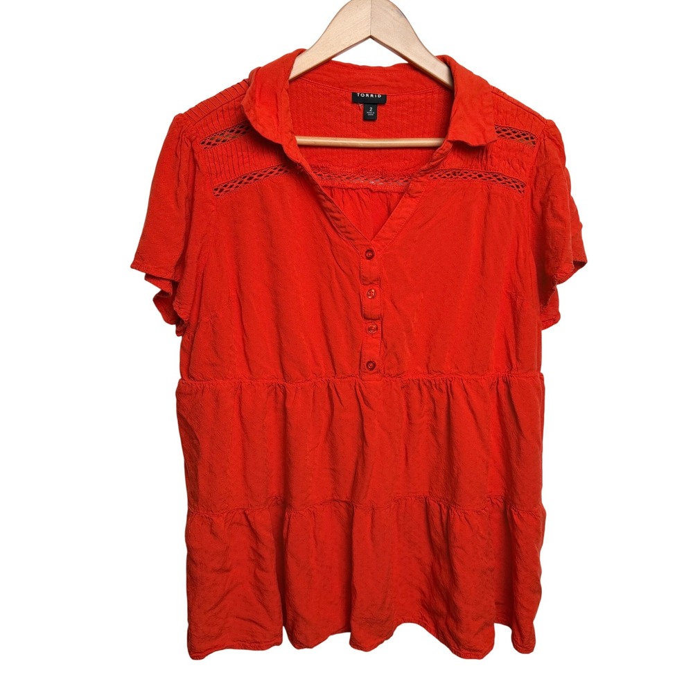 Torrid Tiered Babydoll Top 2 Red Orange Crochet Lace Boho Peasant Office Casual